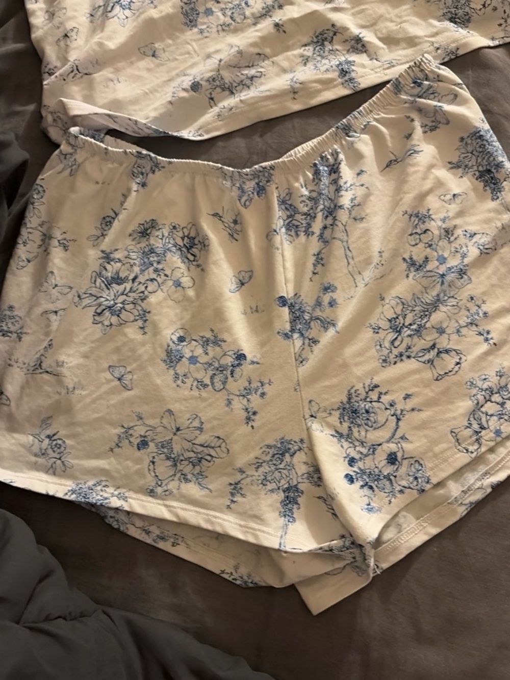 High-Waist Cream Floral Lounge Shorts with Blue Print
